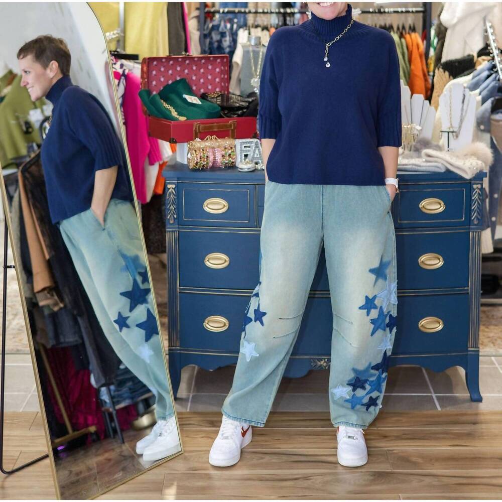 NEW EASEL starstruck patchwork barrel jeans in blue - Picture 5 of 6